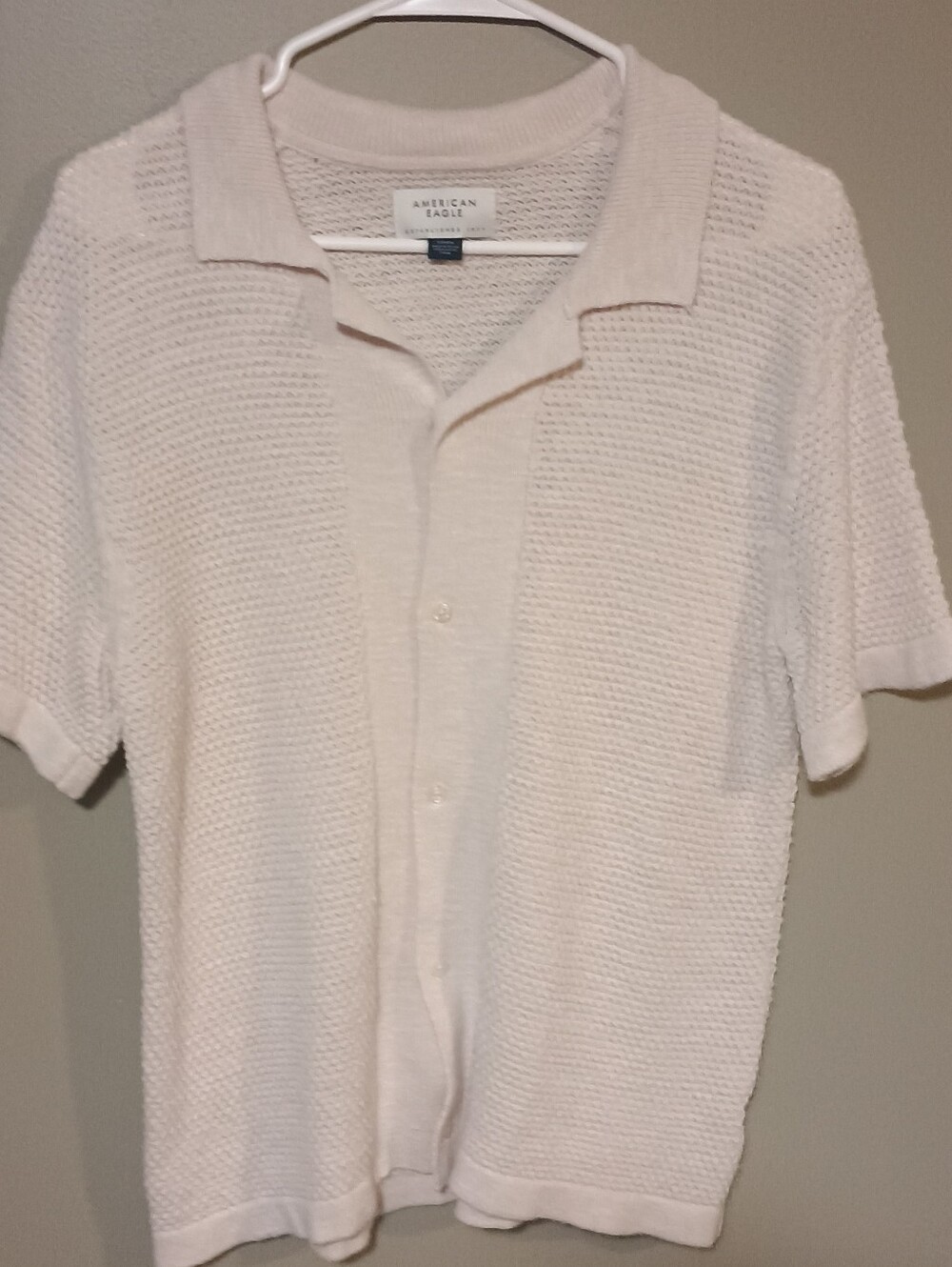 American Eagle Cream Knit Textured Short Sleeve Polo Shirt